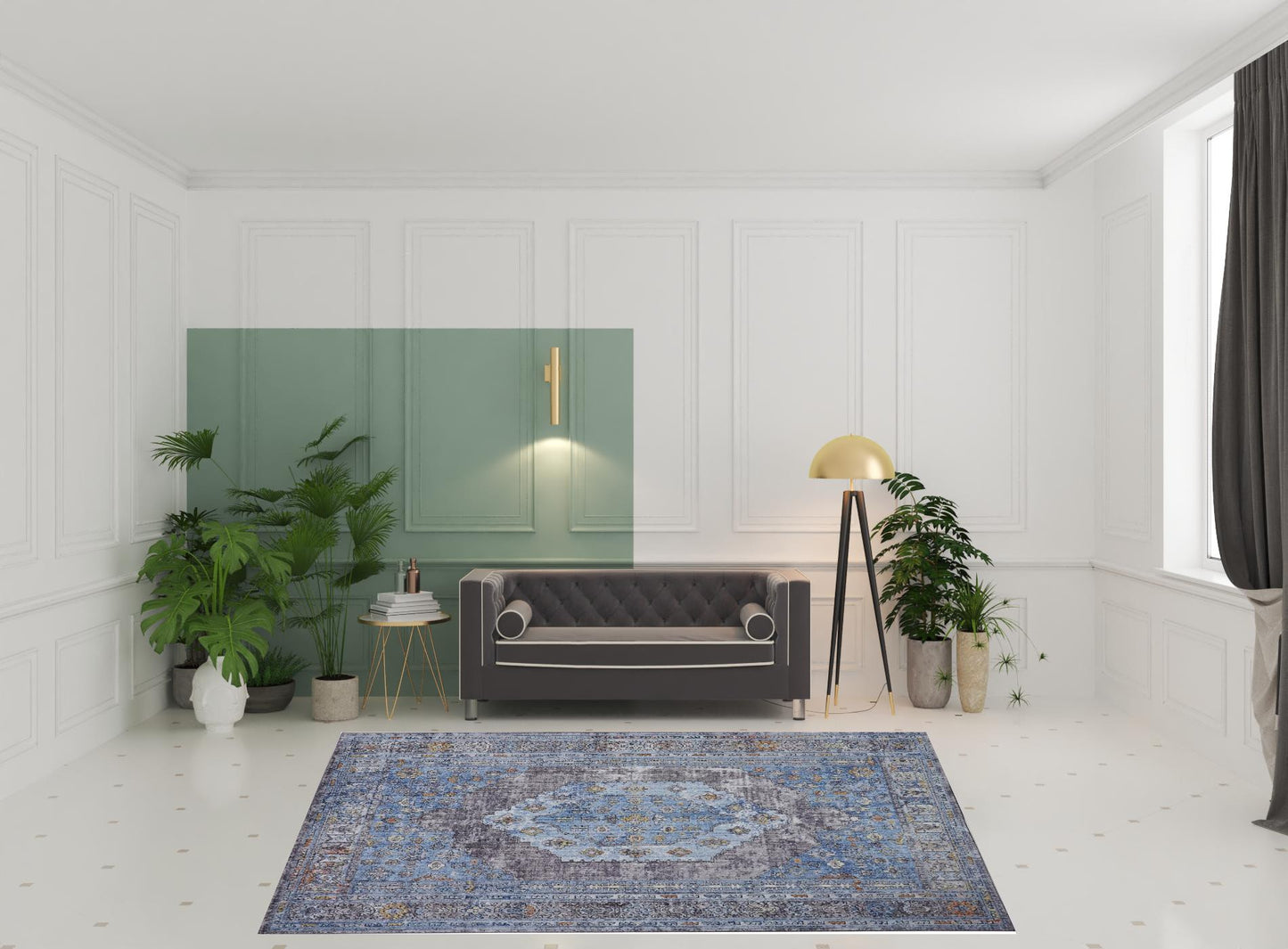 5' X 8' Blue Gray And Gold Floral Stain Resistant Area Rug