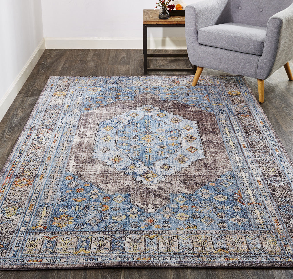 5' X 8' Blue Gray And Gold Floral Stain Resistant Area Rug