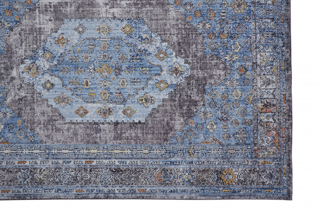5' X 8' Blue Gray And Gold Floral Stain Resistant Area Rug