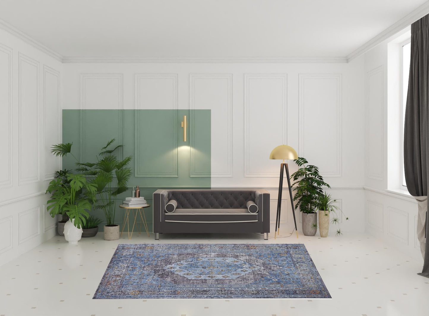 5' X 8' Blue Gray And Gold Floral Stain Resistant Area Rug