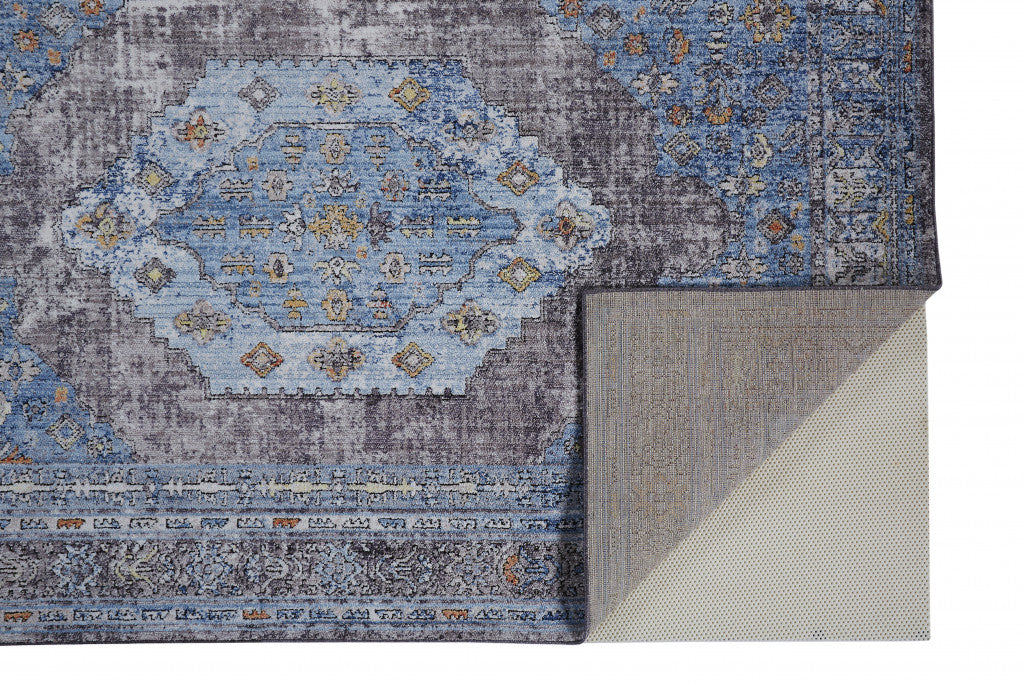 5' X 8' Blue Gray And Gold Floral Stain Resistant Area Rug