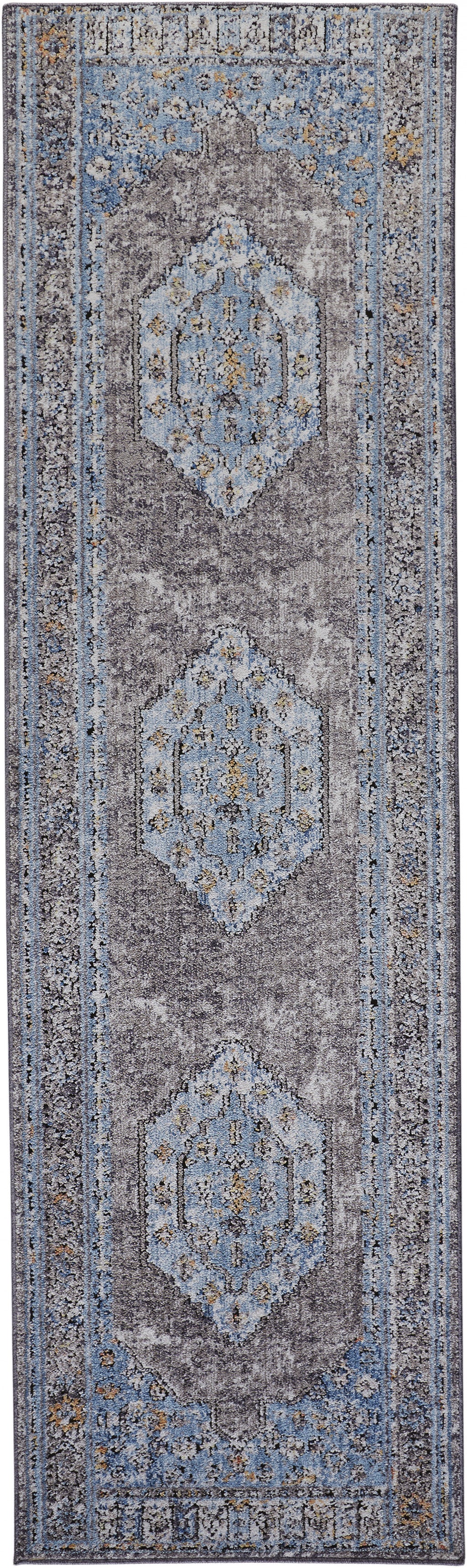 5' X 8' Blue Gray And Gold Floral Stain Resistant Area Rug
