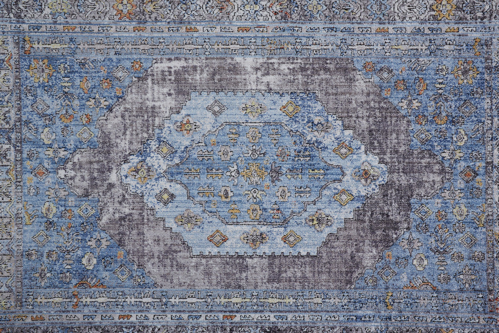 5' X 8' Blue Gray And Gold Floral Stain Resistant Area Rug