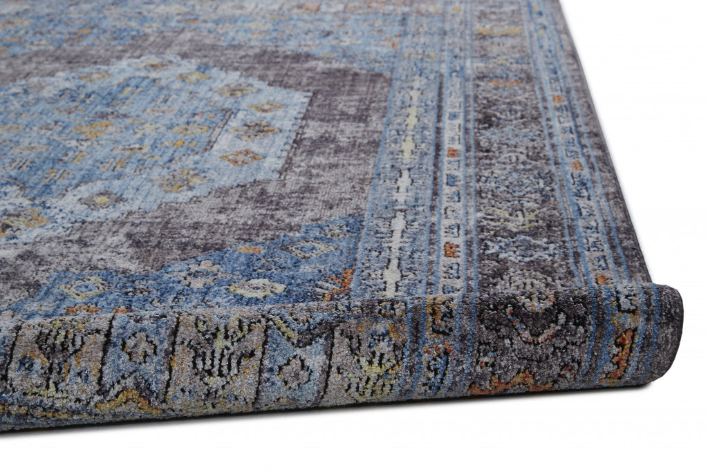 5' X 8' Blue Gray And Gold Floral Stain Resistant Area Rug