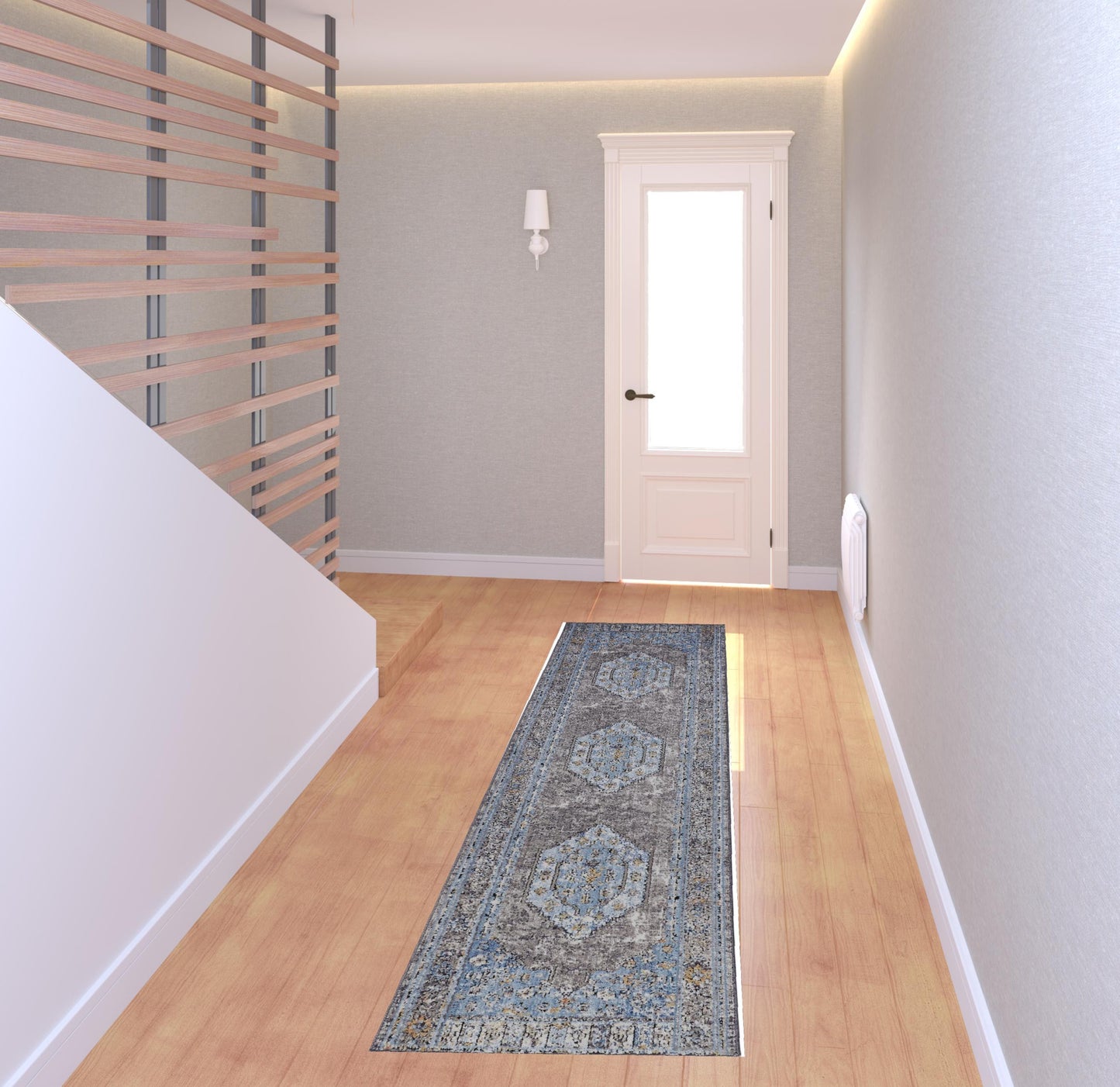 5' X 8' Blue Gray And Gold Floral Stain Resistant Area Rug