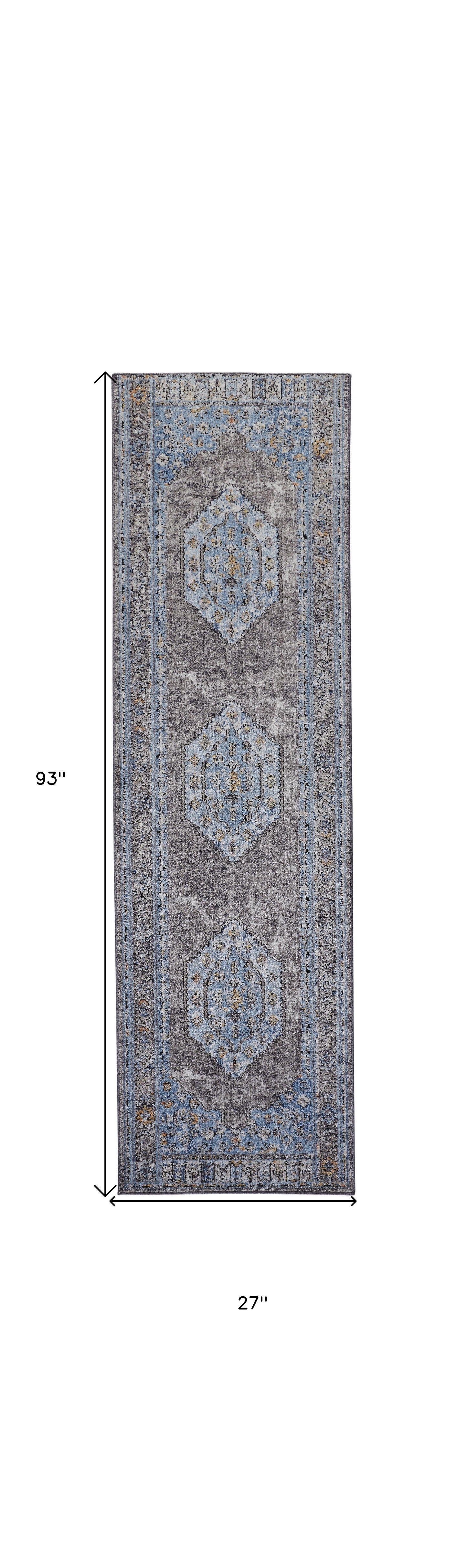 5' X 8' Blue Gray And Gold Floral Stain Resistant Area Rug