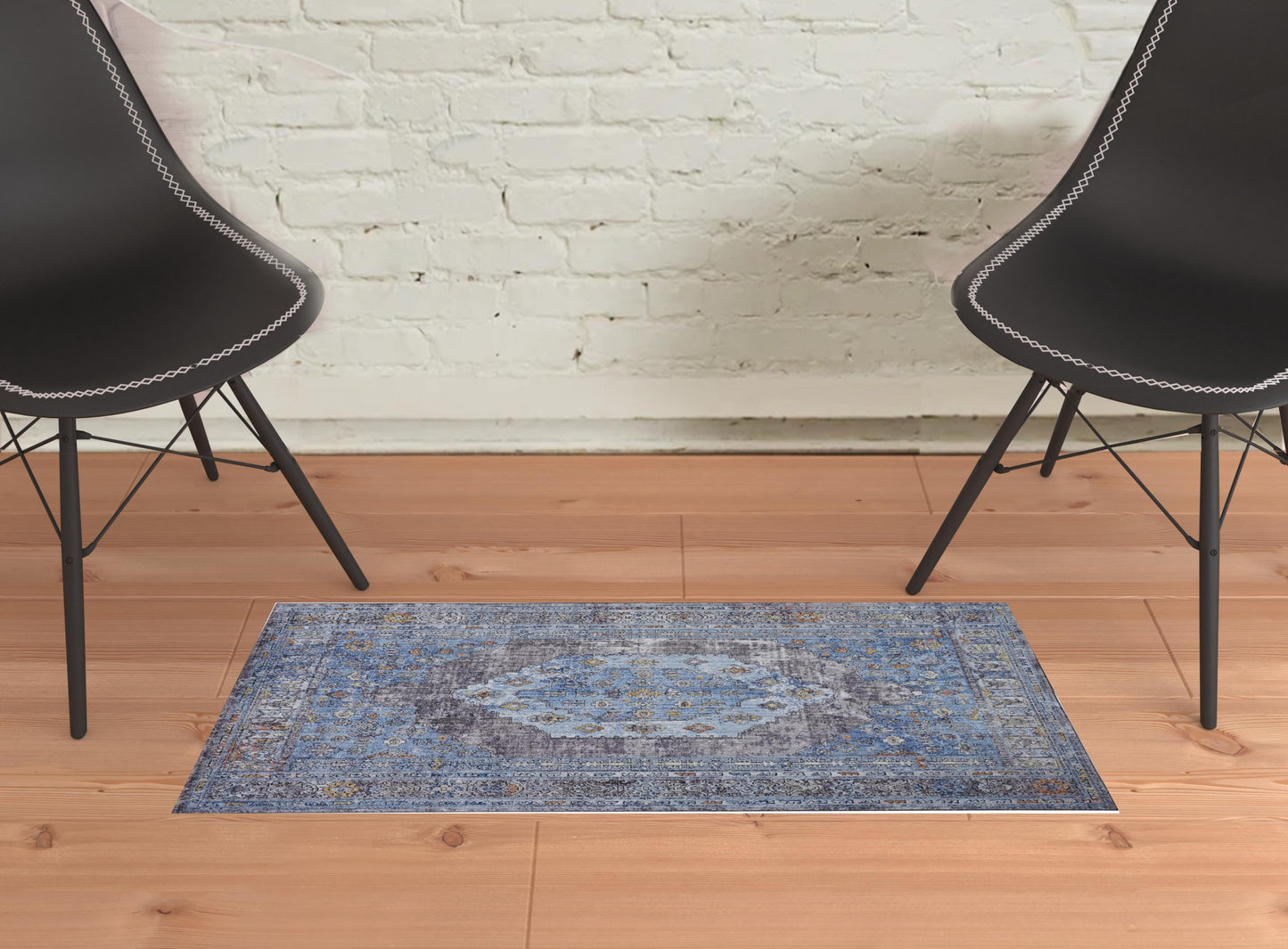 5' X 8' Blue Gray And Gold Floral Stain Resistant Area Rug