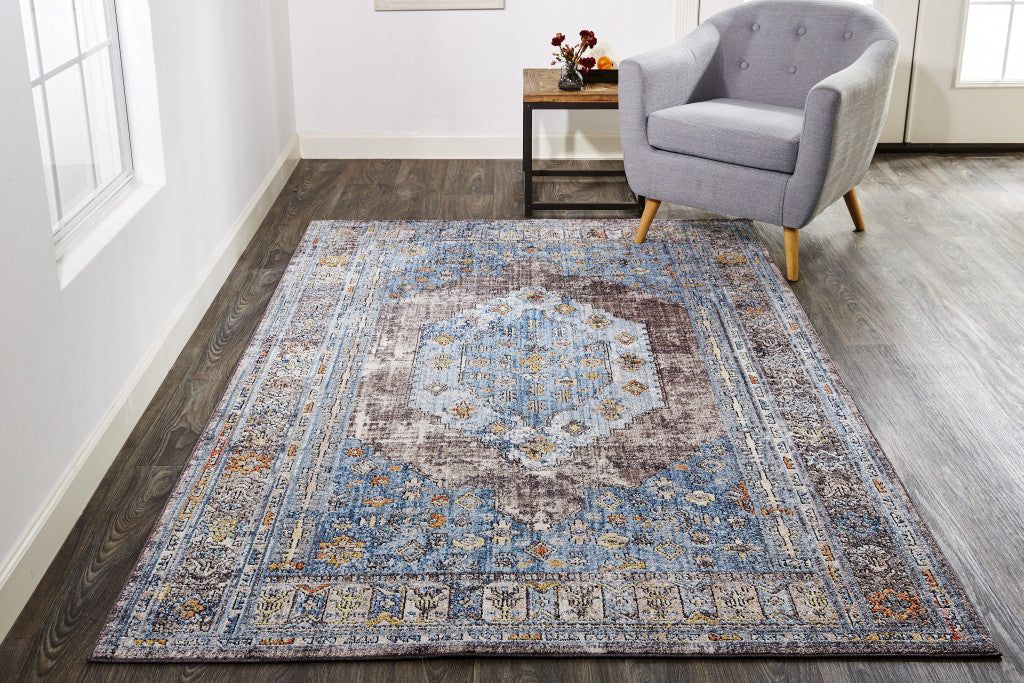 5' X 8' Blue Gray And Gold Floral Stain Resistant Area Rug