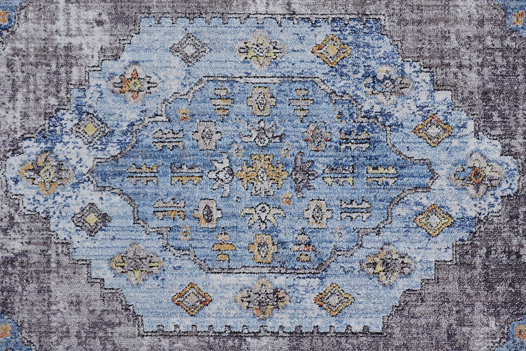 5' X 8' Blue Gray And Gold Floral Stain Resistant Area Rug