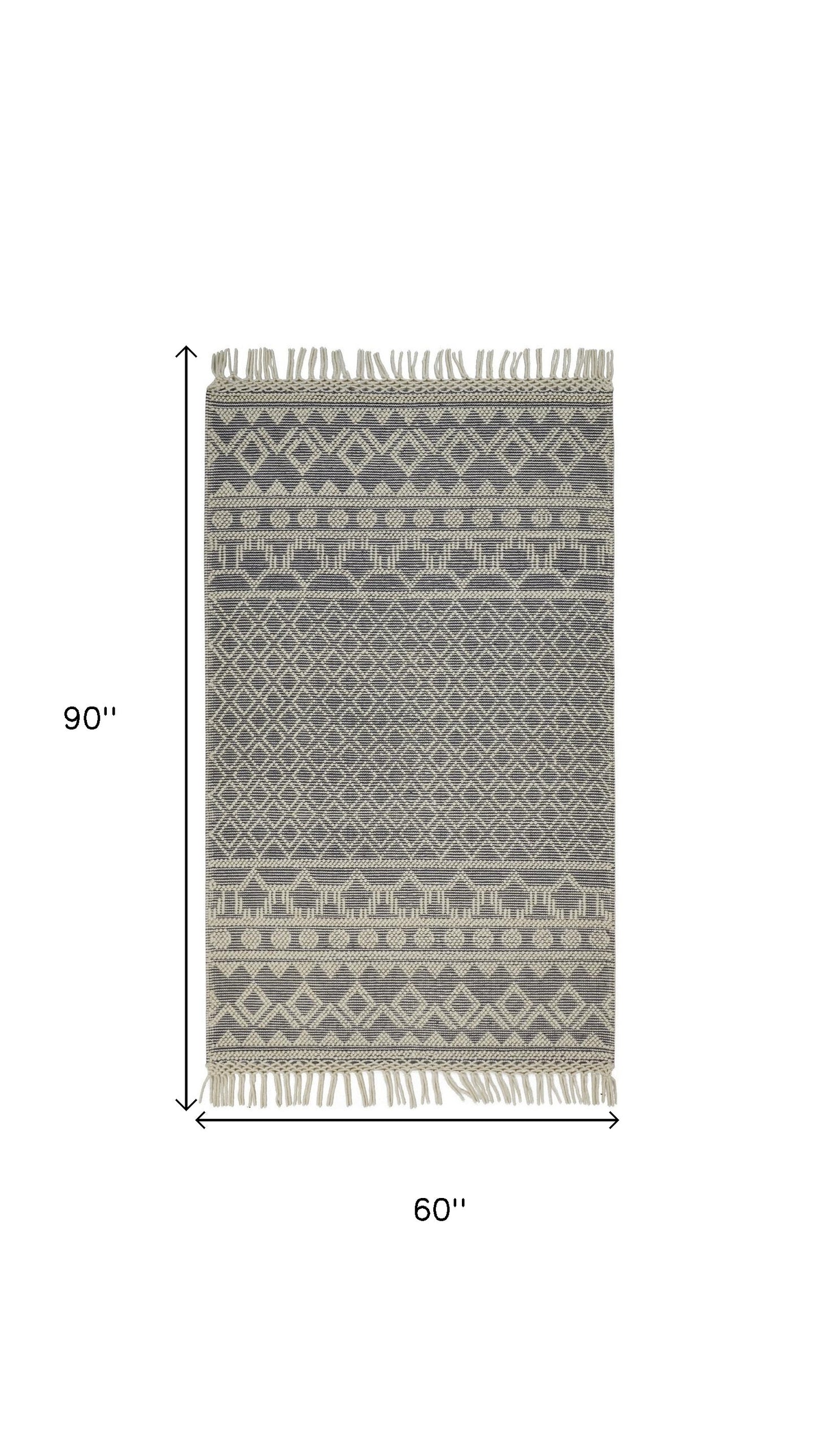 4' X 6' Gray And Ivory Wool Geometric Hand Woven Area Rug With Fringe