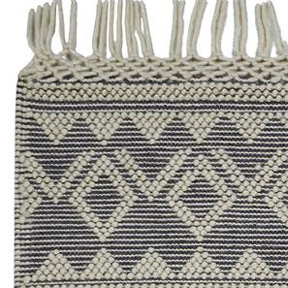 4' X 6' Gray And Ivory Wool Geometric Hand Woven Area Rug With Fringe