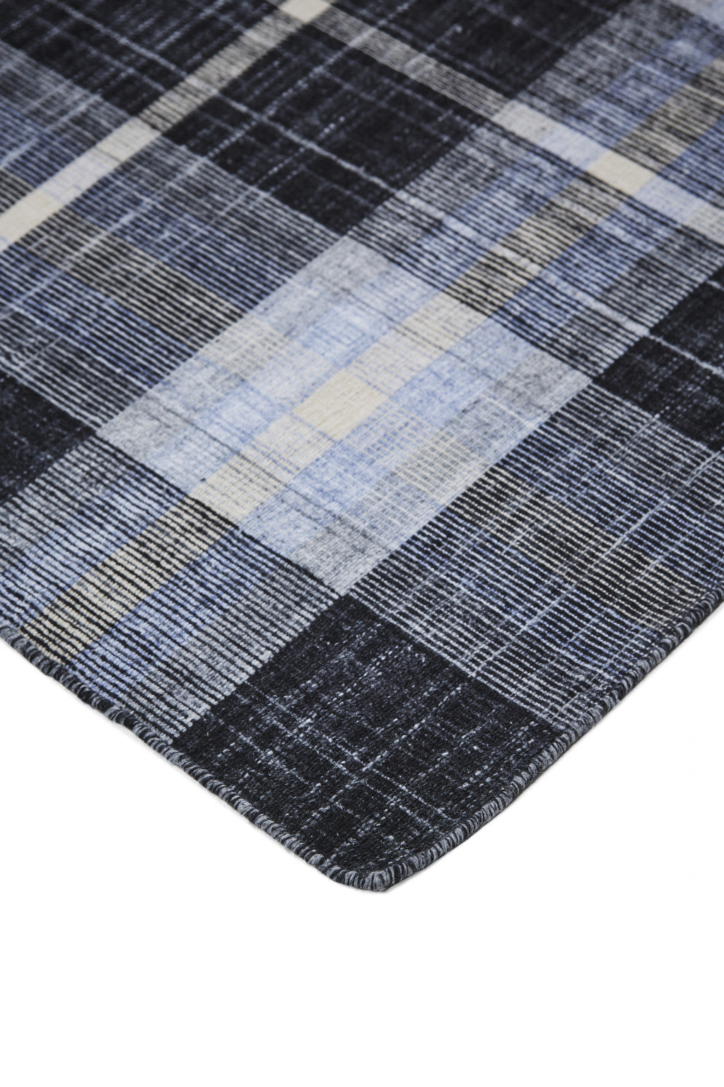 5' X 8' Ivory Blue And Black Abstract Hand Woven Stain Resistant Area Rug