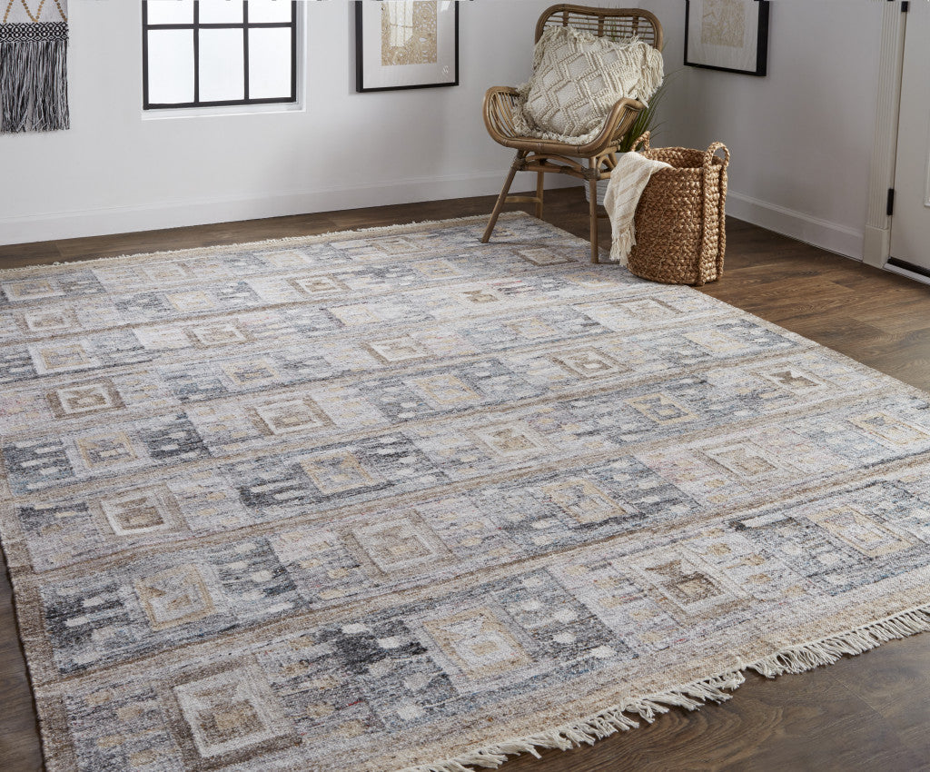 8' X 10' Gray Taupe And Tan Geometric Hand Woven Stain Resistant Area Rug With Fringe