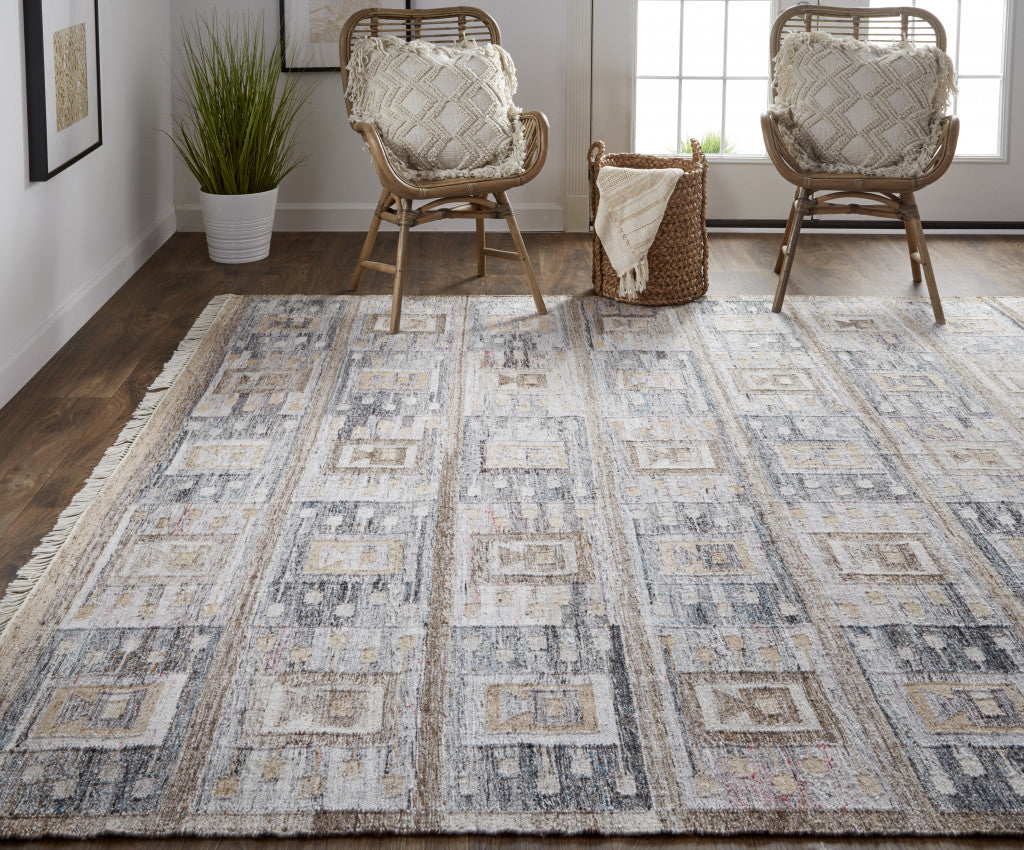 8' X 10' Gray Taupe And Tan Geometric Hand Woven Stain Resistant Area Rug With Fringe