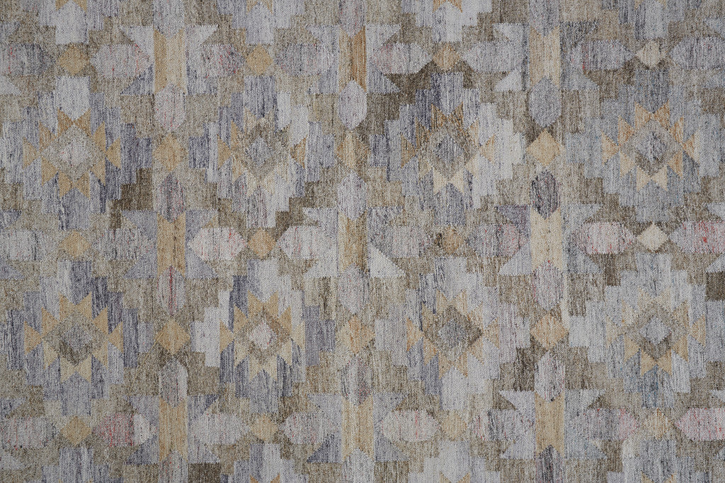 4' X 6' Taupe Gray And Blue Geometric Hand Woven Stain Resistant Area Rug With Fringe