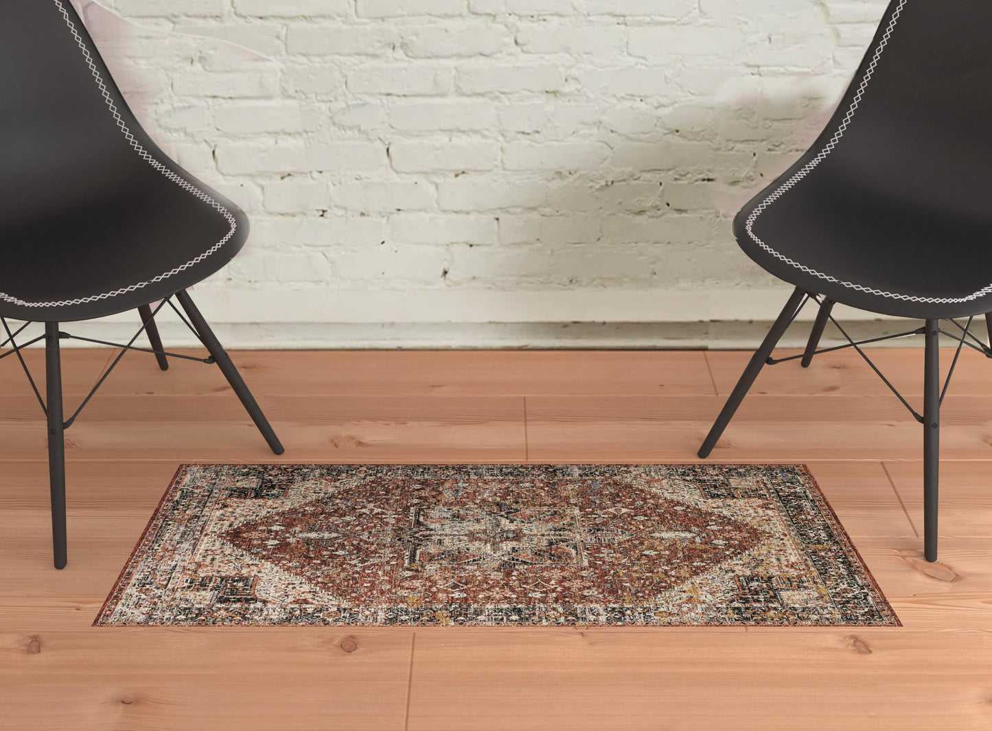 4' X 6' Red Ivory And Black Abstract Distressed Area Rug With Fringe