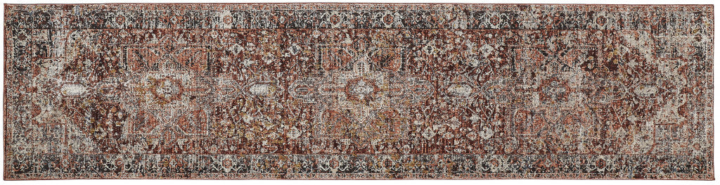 4' X 6' Red Ivory And Black Abstract Distressed Area Rug With Fringe