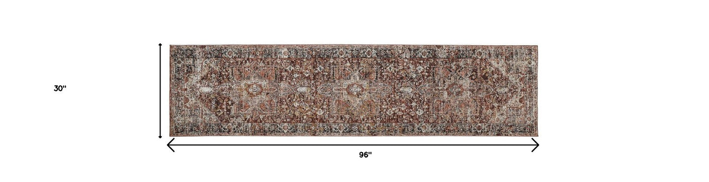4' X 6' Red Ivory And Black Abstract Distressed Area Rug With Fringe