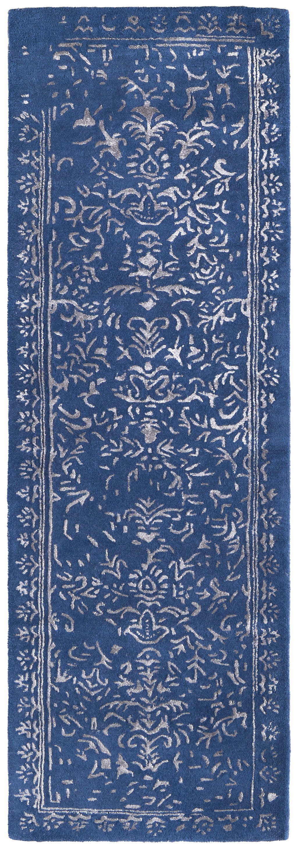 2' X 3' Blue And Silver Wool Floral Tufted Handmade Distressed Area Rug