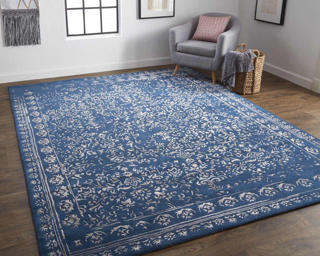 2' X 3' Blue And Silver Wool Floral Tufted Handmade Distressed Area Rug