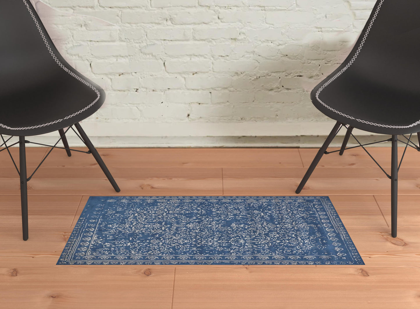 2' X 3' Blue And Silver Wool Floral Tufted Handmade Distressed Area Rug