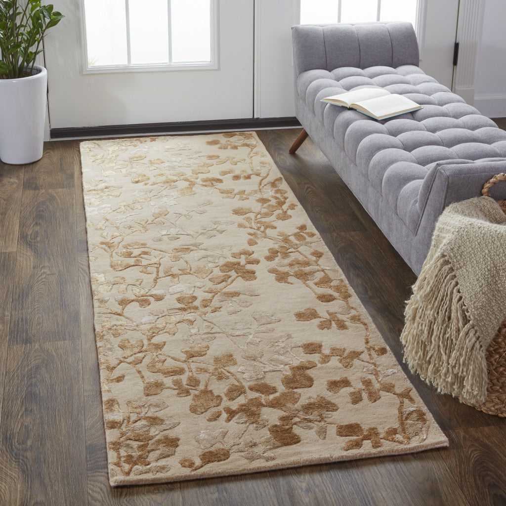 2' X 3' Ivory Tan And Gold Wool Floral Tufted Handmade Area Rug