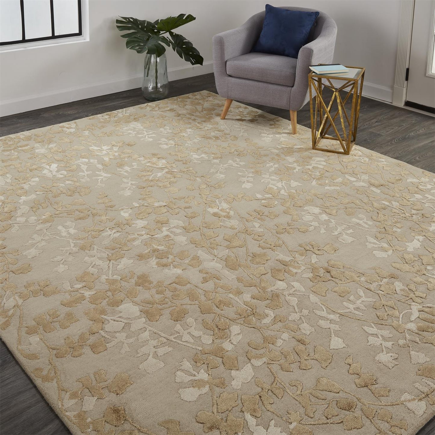2' X 3' Ivory Tan And Gold Wool Floral Tufted Handmade Area Rug