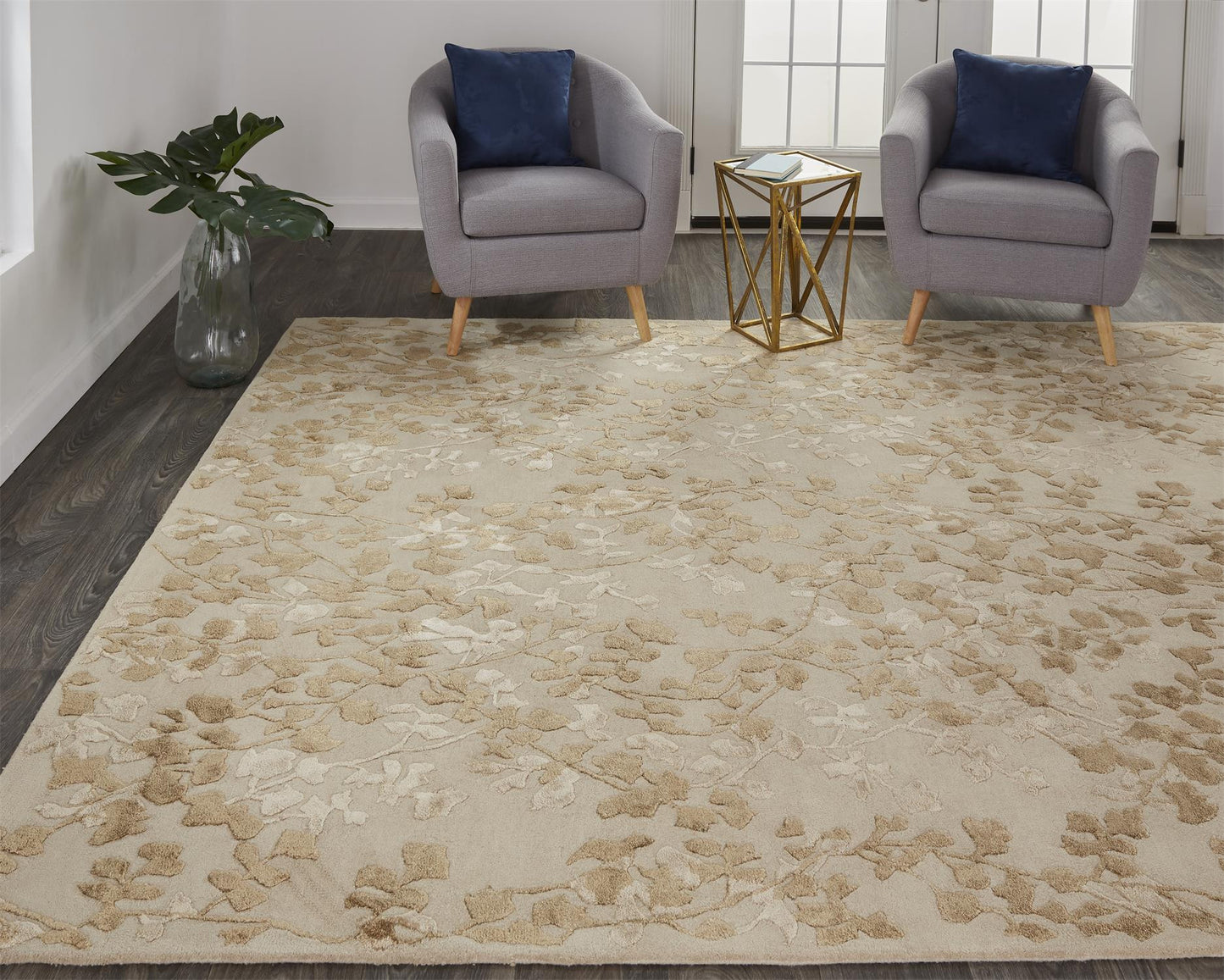 2' X 3' Ivory Tan And Gold Wool Floral Tufted Handmade Area Rug