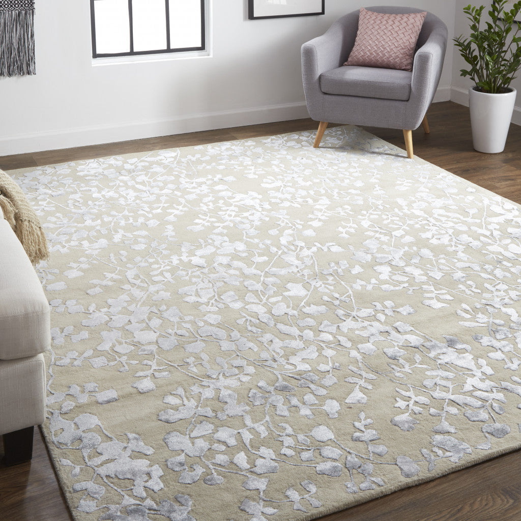 2' X 3' Ivory Tan And Gold Wool Floral Tufted Handmade Area Rug
