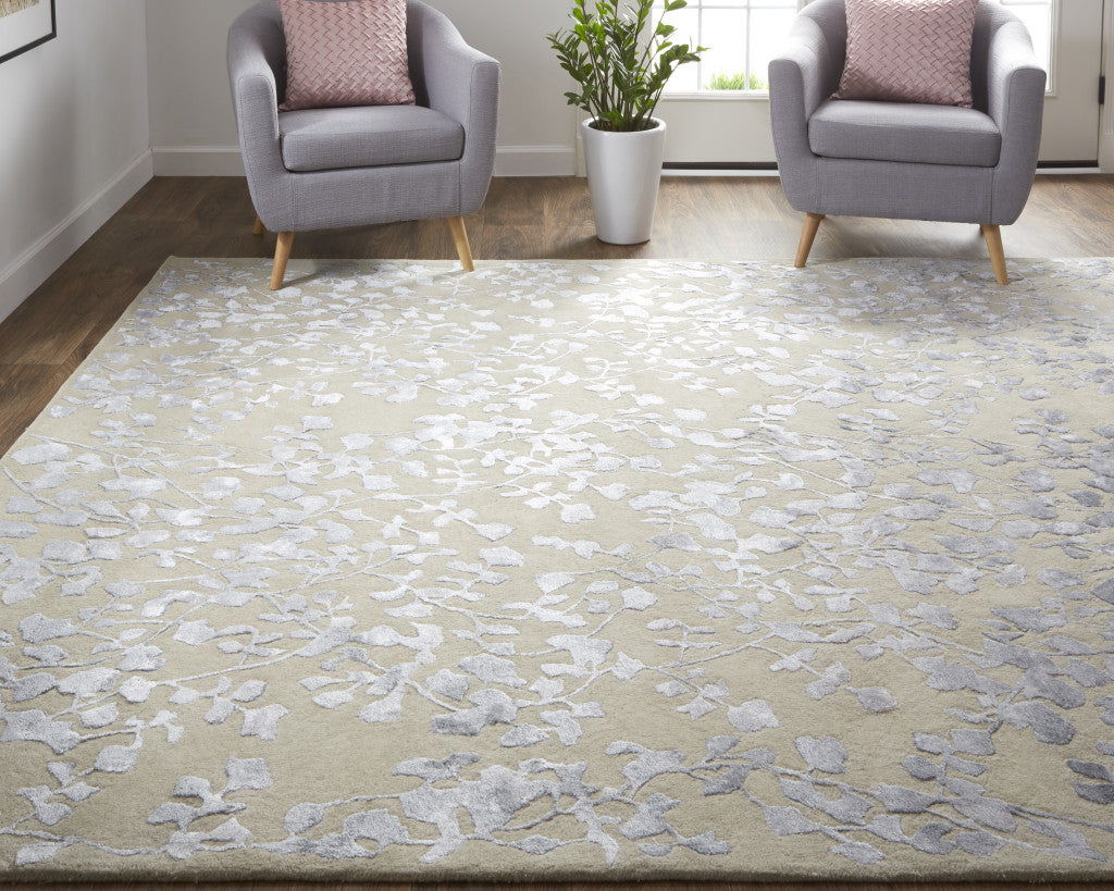 2' X 3' Ivory Tan And Gold Wool Floral Tufted Handmade Area Rug