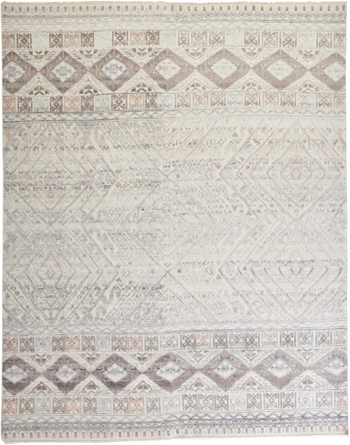 8' X 10' Gray Ivory And Blue Geometric Hand Knotted Area Rug