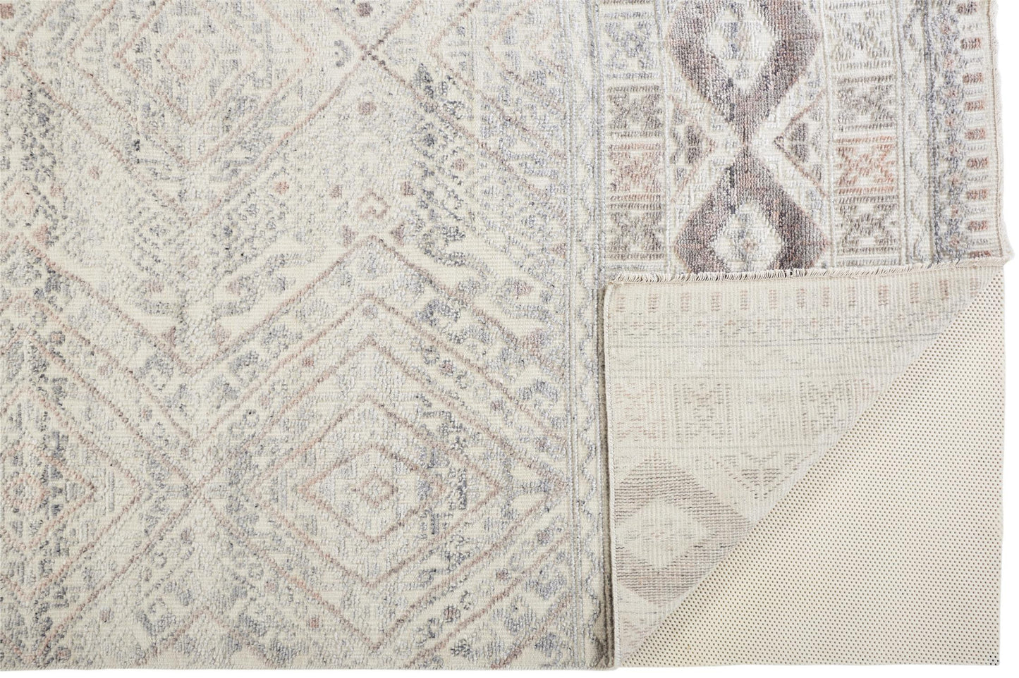 8' X 10' Gray Ivory And Blue Geometric Hand Knotted Area Rug