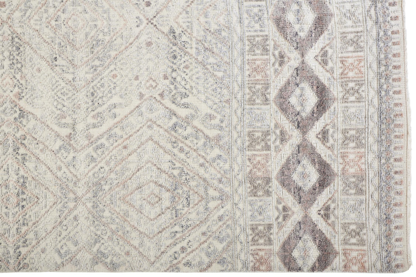 8' X 10' Gray Ivory And Blue Geometric Hand Knotted Area Rug