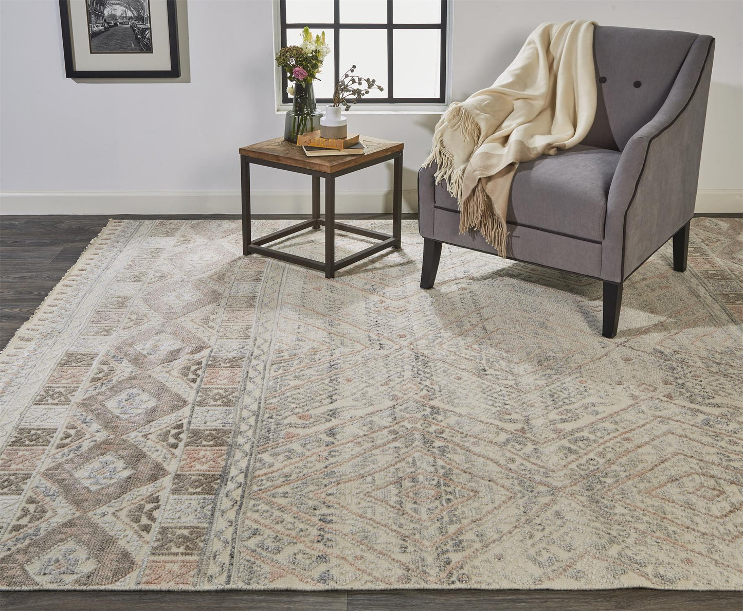 8' X 10' Gray Ivory And Blue Geometric Hand Knotted Area Rug