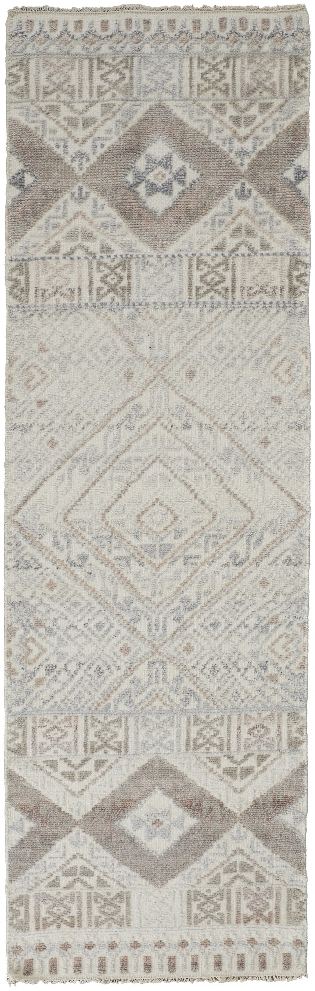 8' X 10' Gray Ivory And Blue Geometric Hand Knotted Area Rug