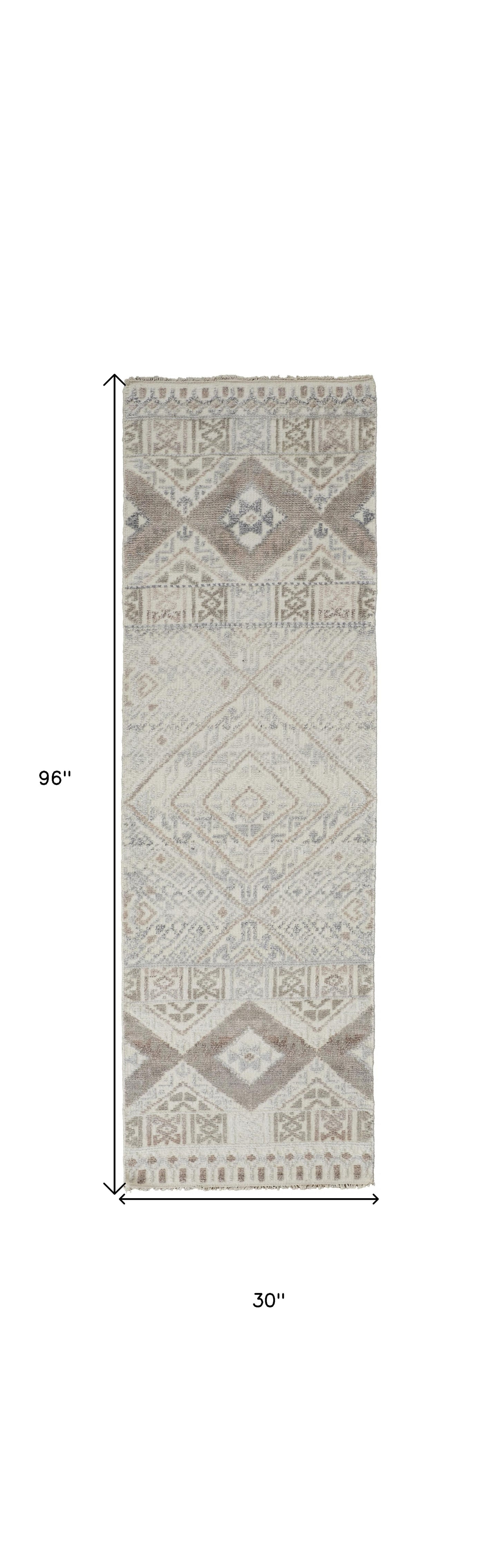 8' X 10' Gray Ivory And Blue Geometric Hand Knotted Area Rug