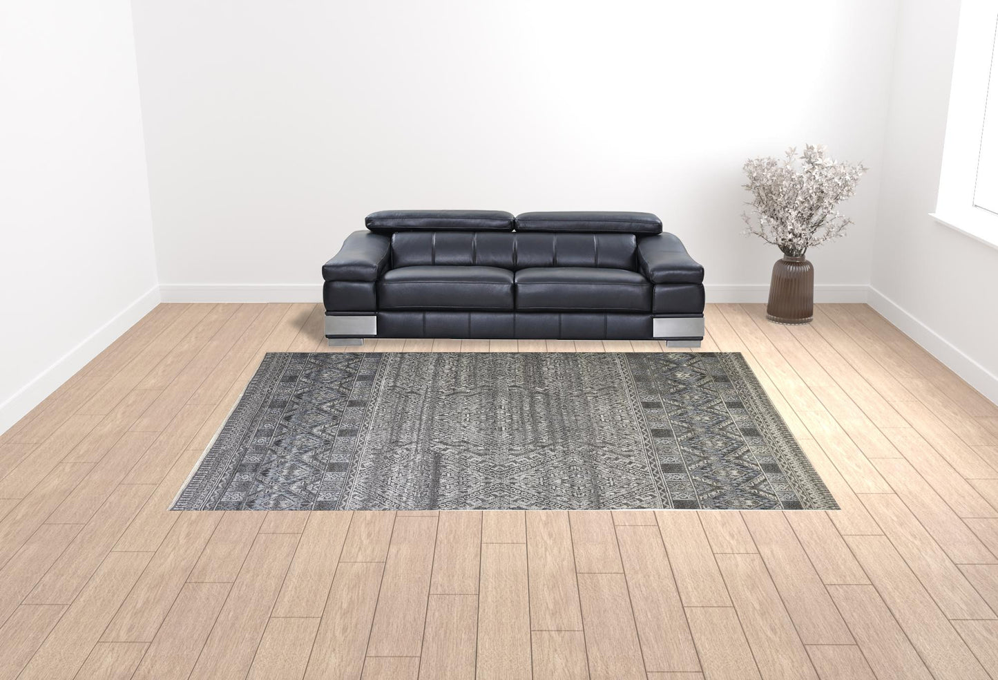 8' X 10' Gray Ivory And Blue Geometric Hand Knotted Area Rug