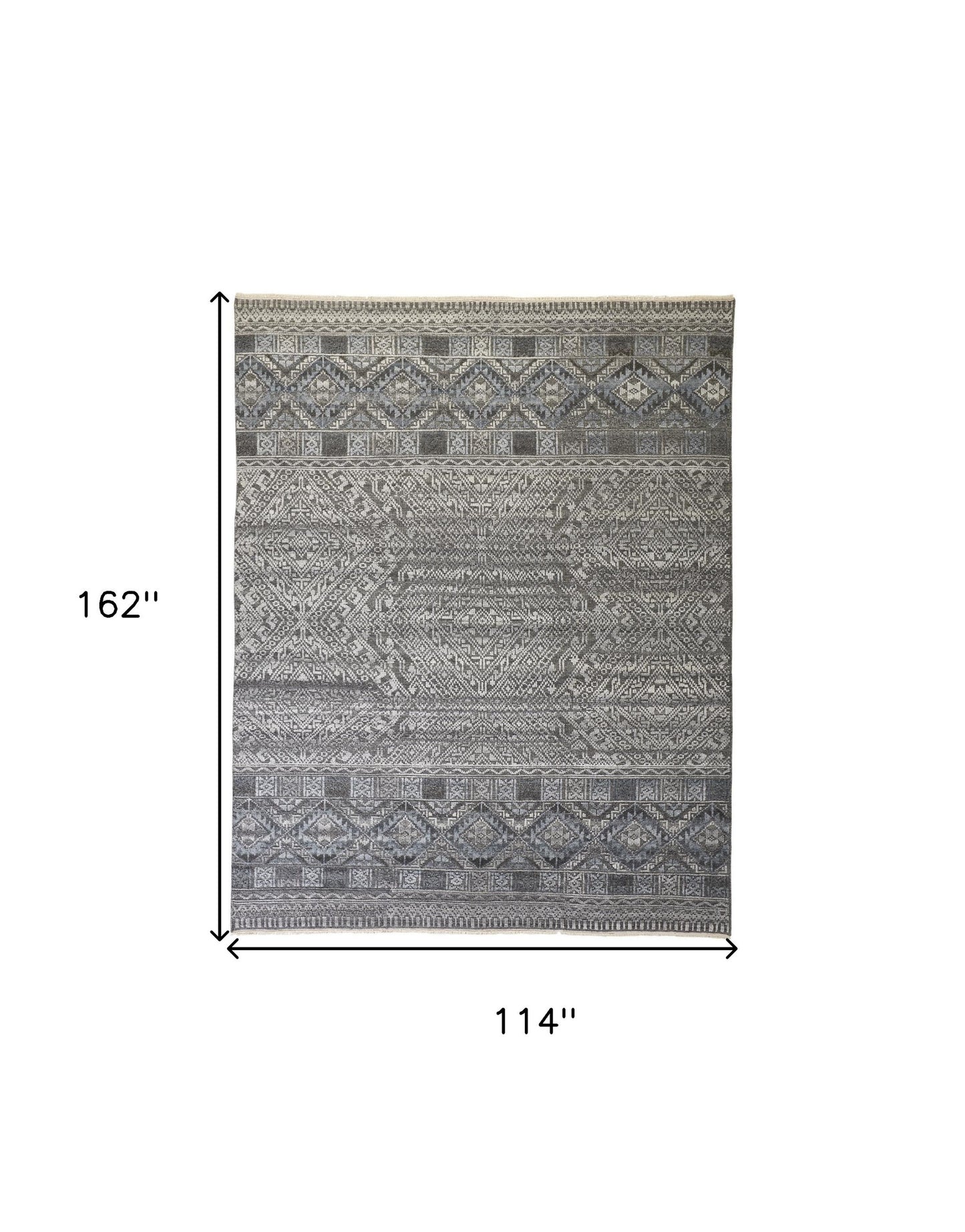 8' X 10' Gray Ivory And Blue Geometric Hand Knotted Area Rug