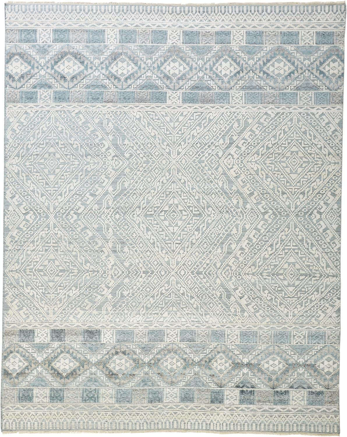 8' X 10' Gray Ivory And Blue Geometric Hand Knotted Area Rug