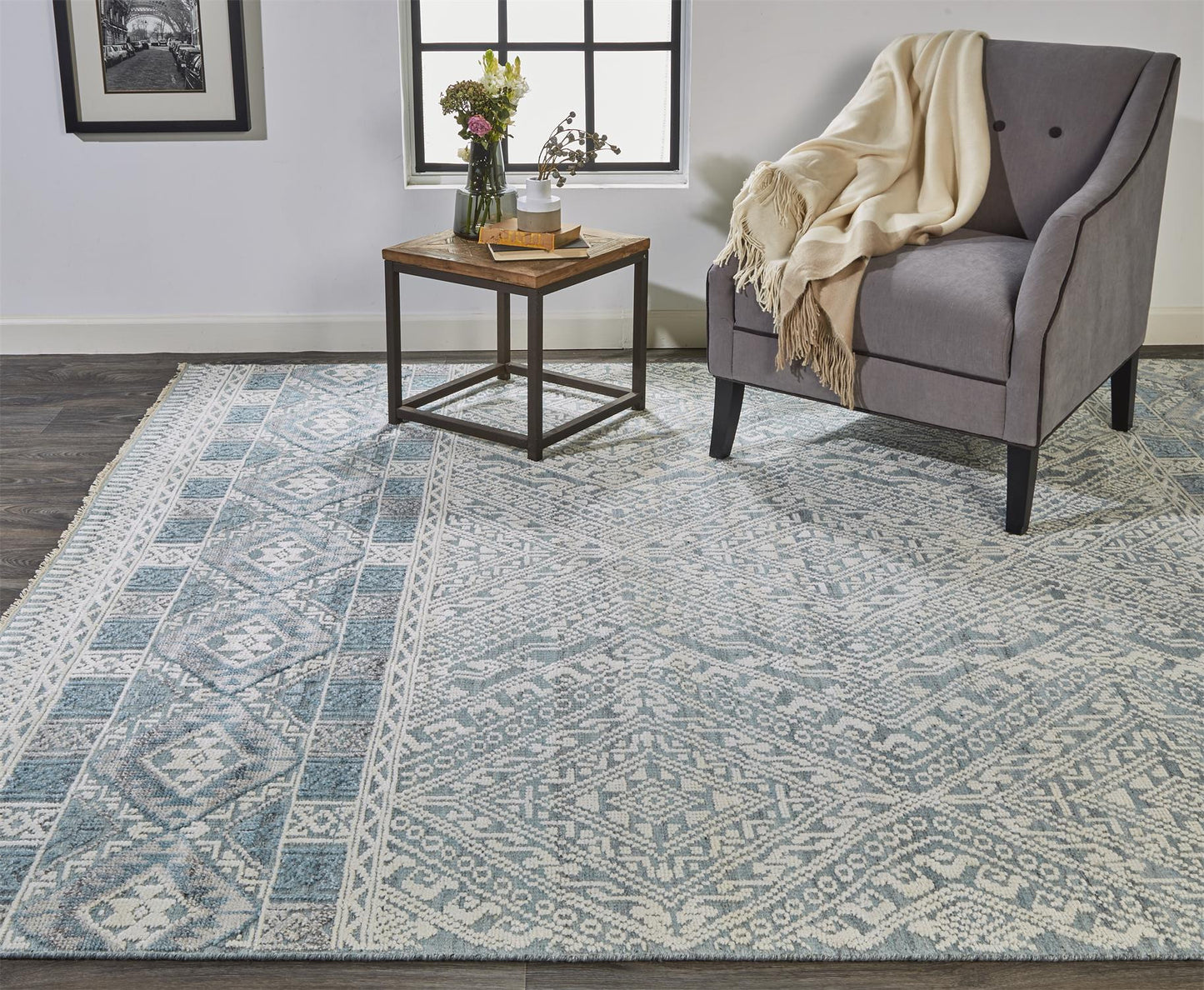 8' X 10' Gray Ivory And Blue Geometric Hand Knotted Area Rug