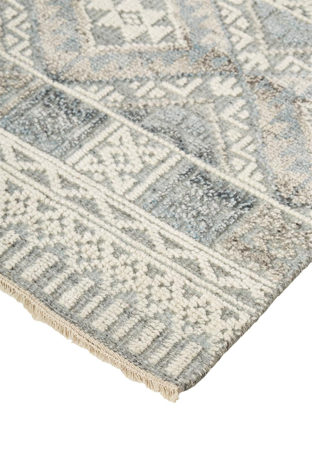 8' X 10' Gray Ivory And Blue Geometric Hand Knotted Area Rug