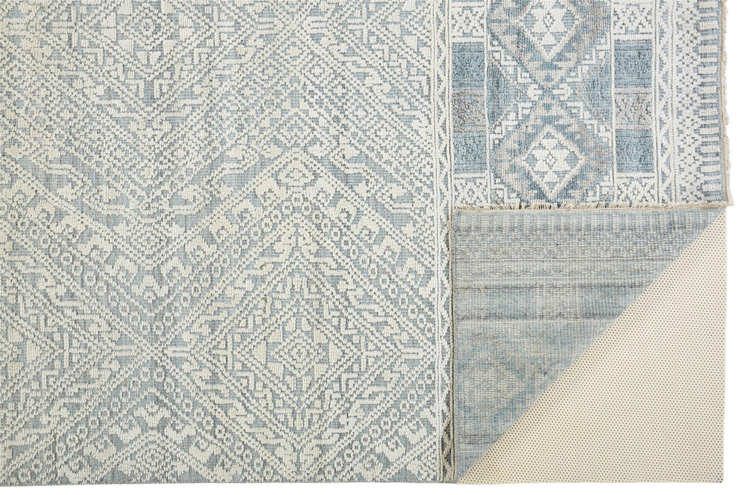 8' X 10' Gray Ivory And Blue Geometric Hand Knotted Area Rug