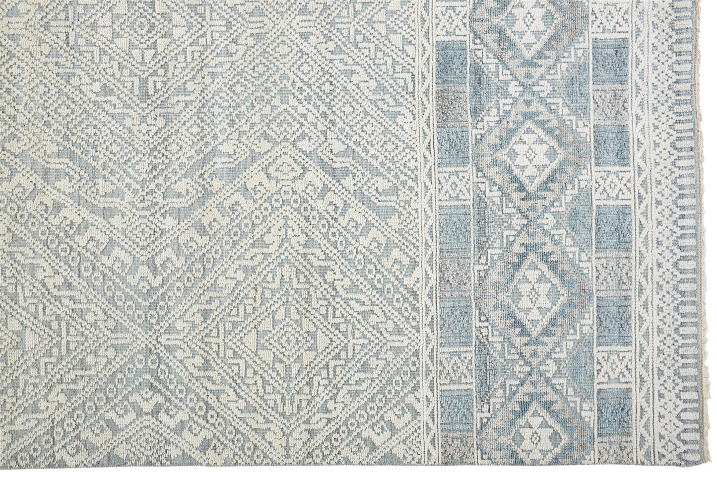 8' X 10' Gray Ivory And Blue Geometric Hand Knotted Area Rug