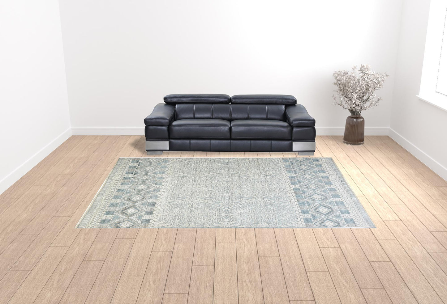 8' X 10' Gray Ivory And Blue Geometric Hand Knotted Area Rug