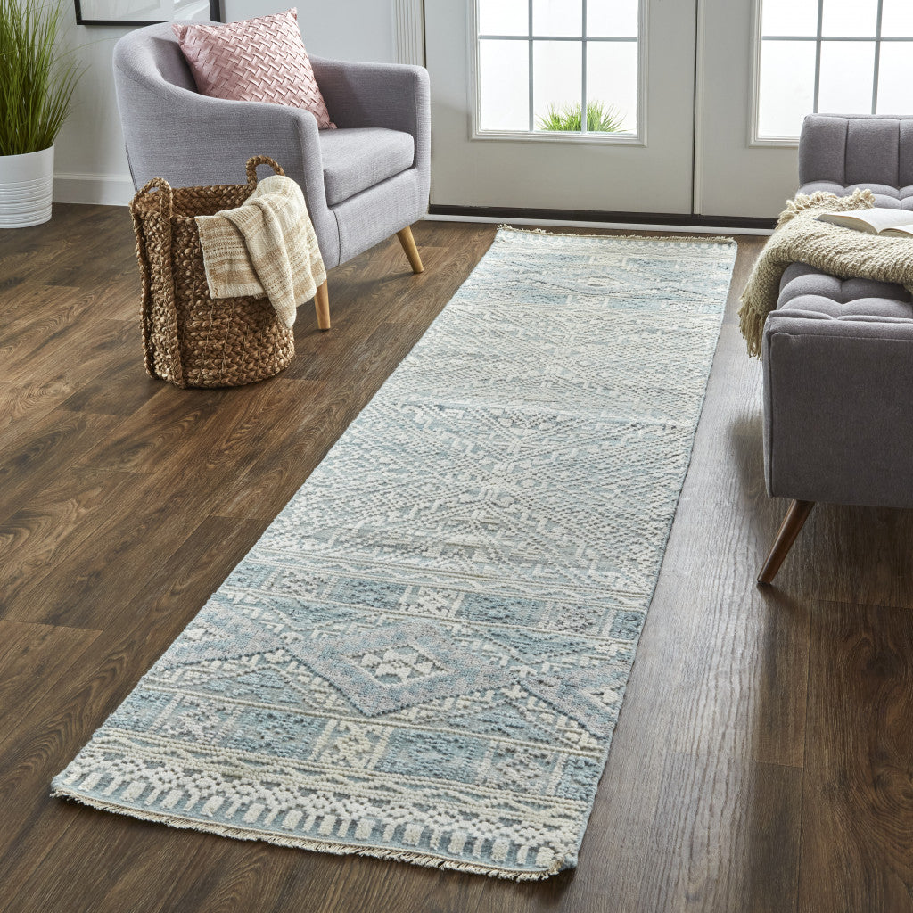 8' X 10' Gray Ivory And Blue Geometric Hand Knotted Area Rug