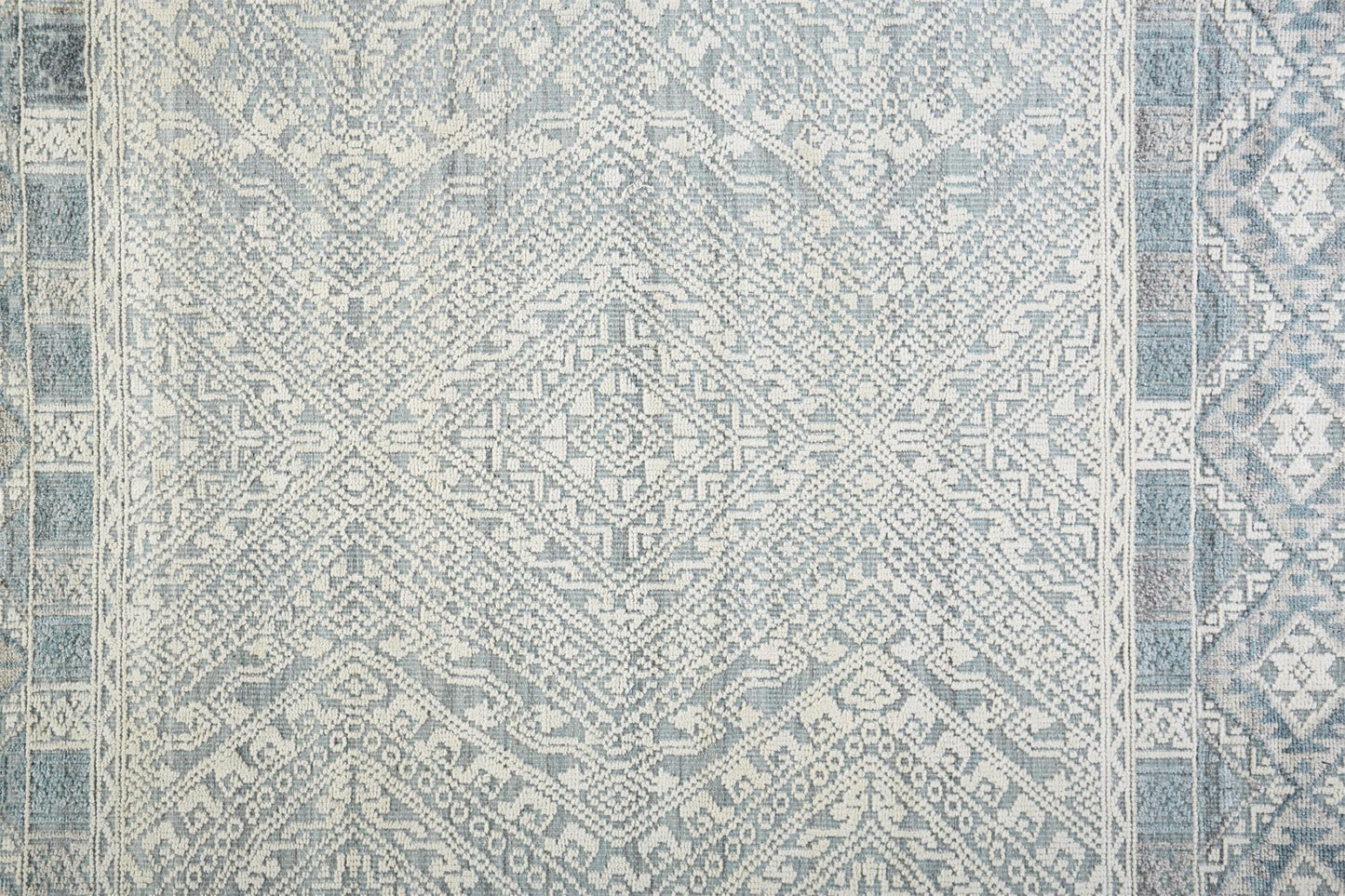 8' X 10' Gray Ivory And Blue Geometric Hand Knotted Area Rug