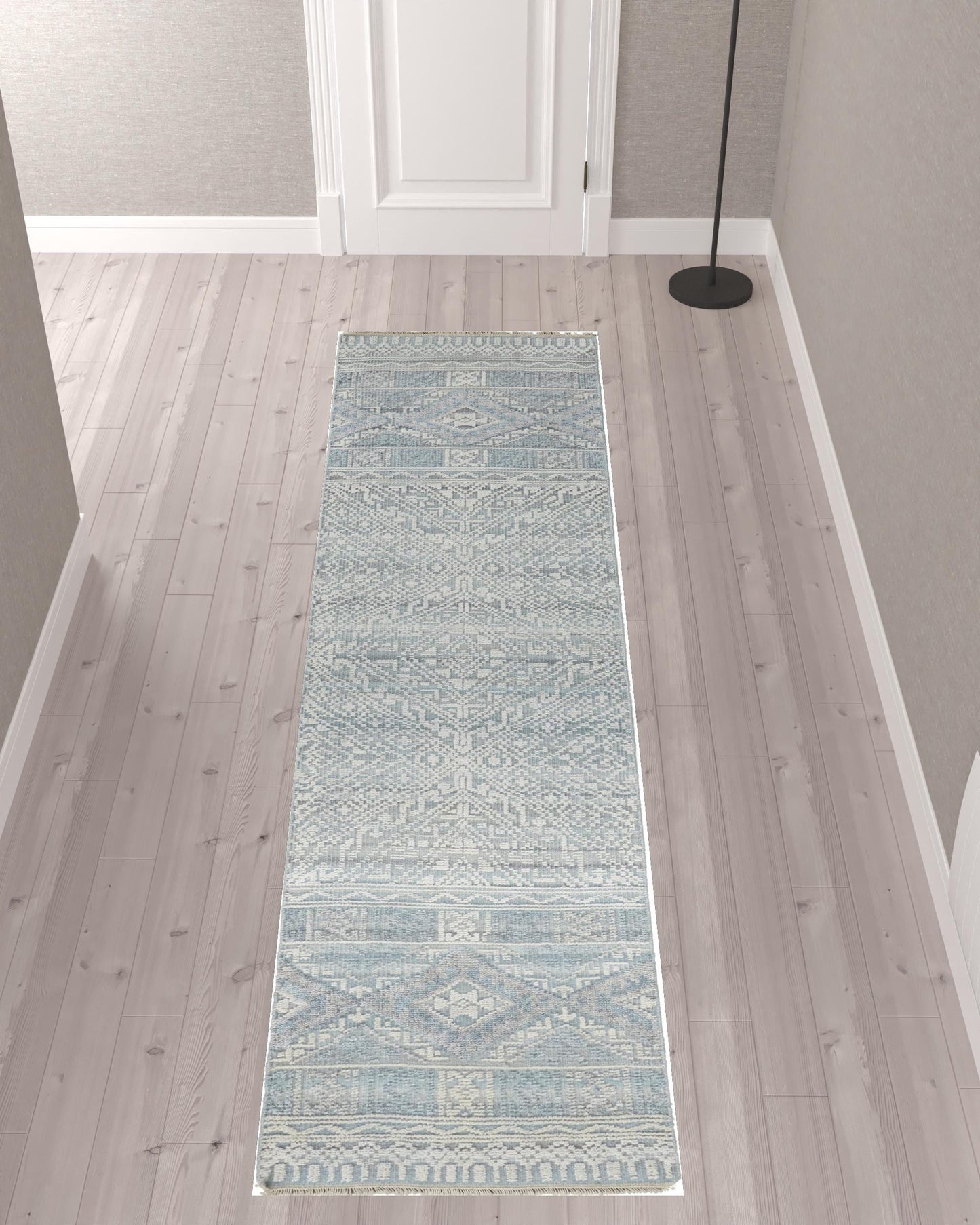 8' X 10' Gray Ivory And Blue Geometric Hand Knotted Area Rug