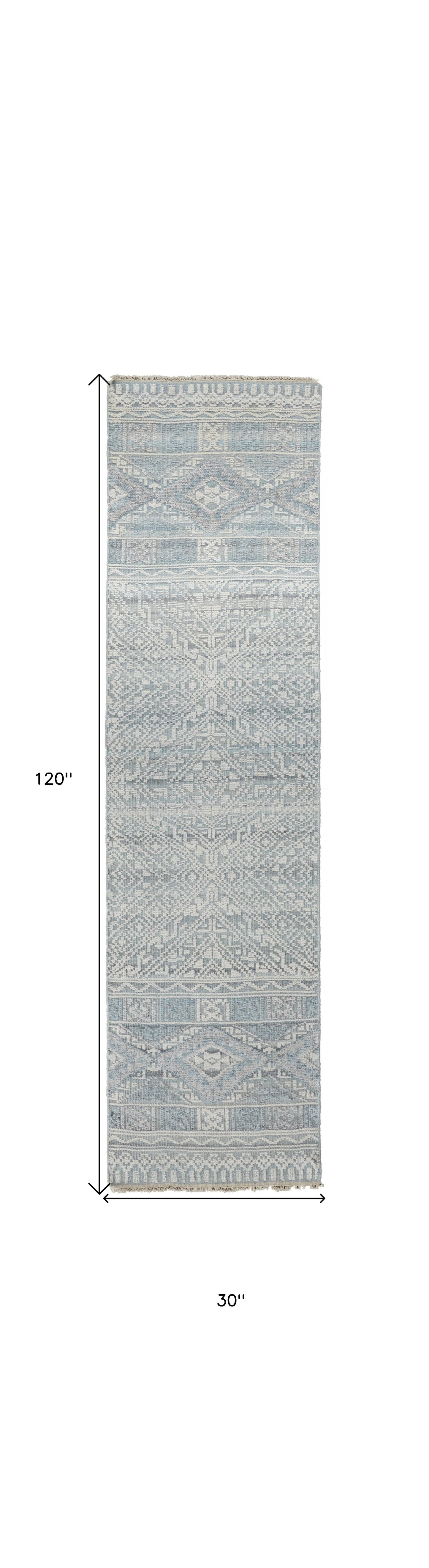 8' X 10' Gray Ivory And Blue Geometric Hand Knotted Area Rug