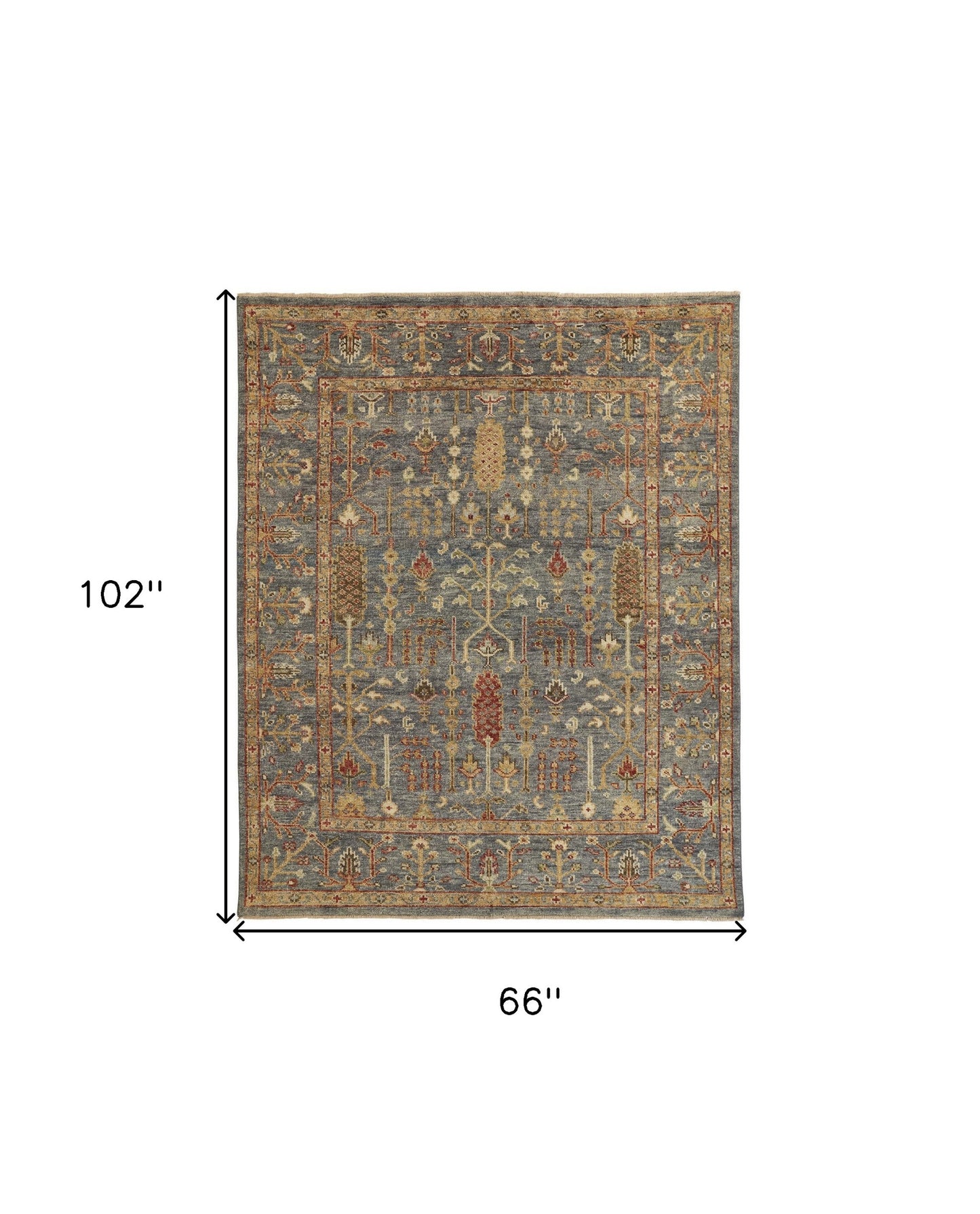 4' X 6' Gray Gold And Red Wool Floral Hand Knotted Stain Resistant Area Rug With Fringe