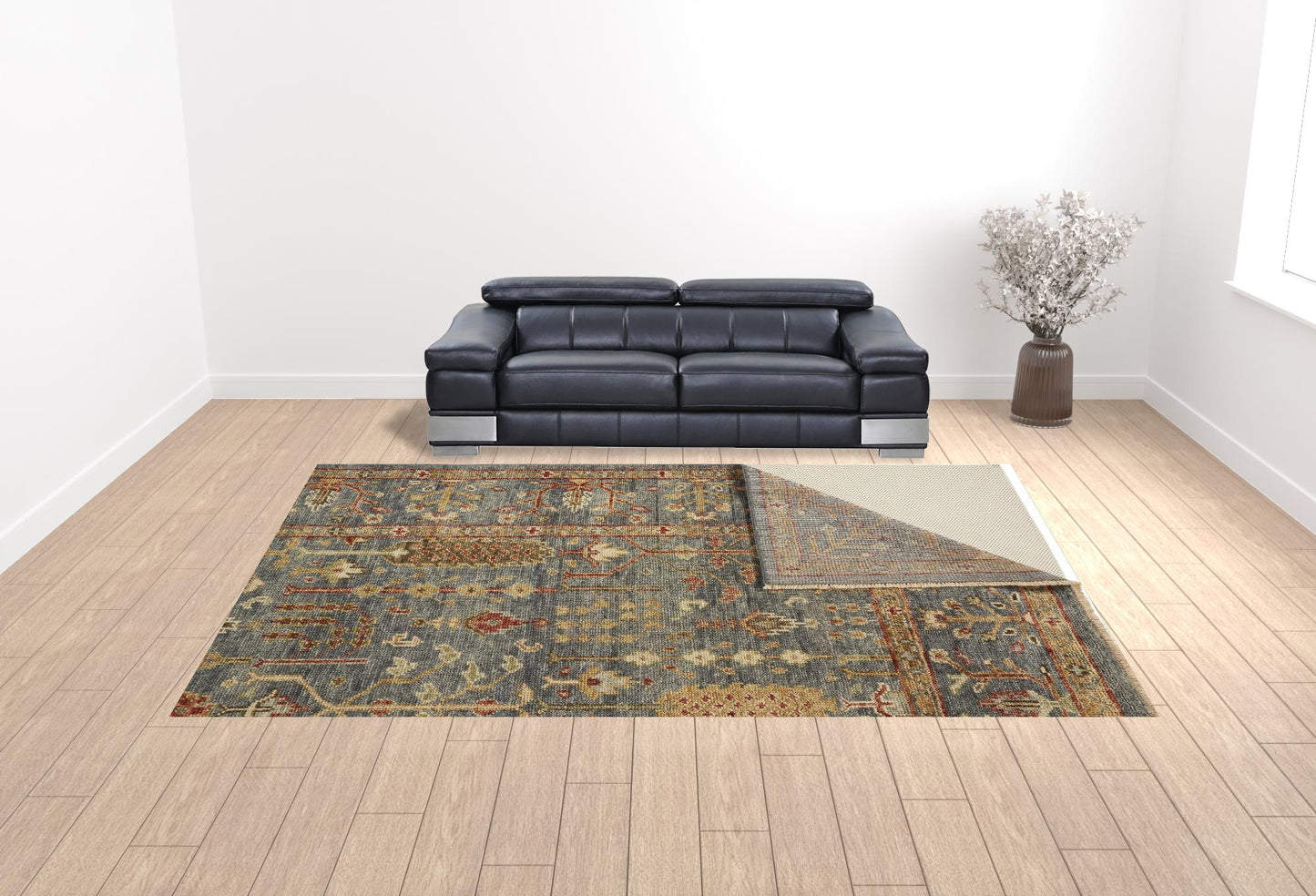 4' X 6' Gray Gold And Red Wool Floral Hand Knotted Stain Resistant Area Rug With Fringe